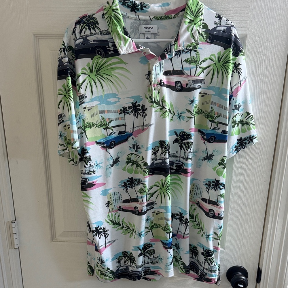 Crown and ivy cabana Tropical Car and Palm Polo Shirt